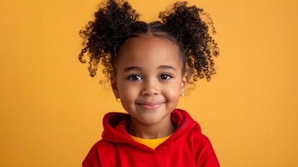 Happy child in casual clothes. Positive little kid isolated on solid bright yellow color background. Studio head shot of pretty African American girl in red sweatshirt looking at ca
