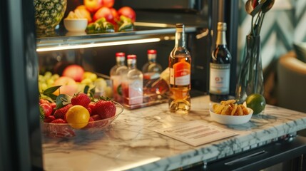In-Room Mini Bar: A convenient compact fridge stocked with a variety of snacks, beverages, and mini alcohol bottles, accompanied by a price list on the counter.
