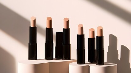 Obraz premium Creamy concealers and contour sticks, set against a clean background, illuminated by studio lights to highlight their textures