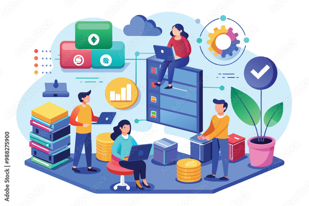 Poster consultants work together on data backup strategies, utilizing technology to ensure efficient cloud 