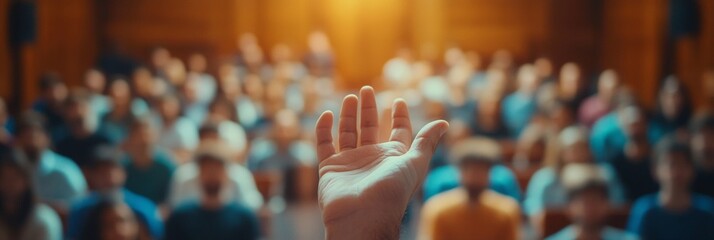 Hand gripping a pitch deck, audience in soft focus behind, capturing the intensity of presentation moments in a dynamic setting