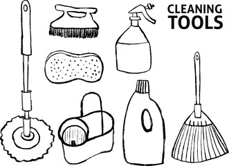 set of cleaning tools, bathroom and floor cleaner, sponge, brush, detergent, broom and mop