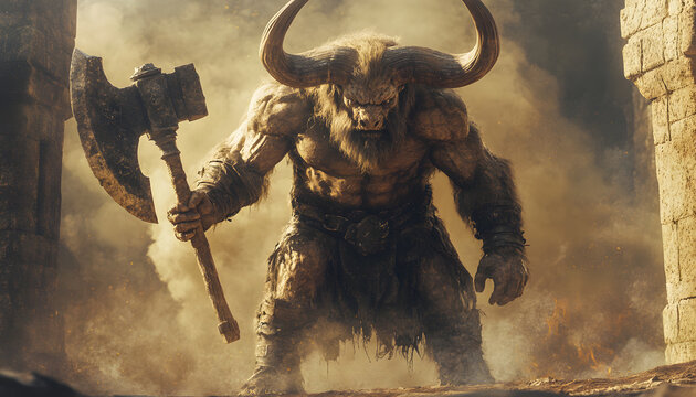 A hulking minotaur standing guard in an ancient labyrinth, wielding a large double headed axe