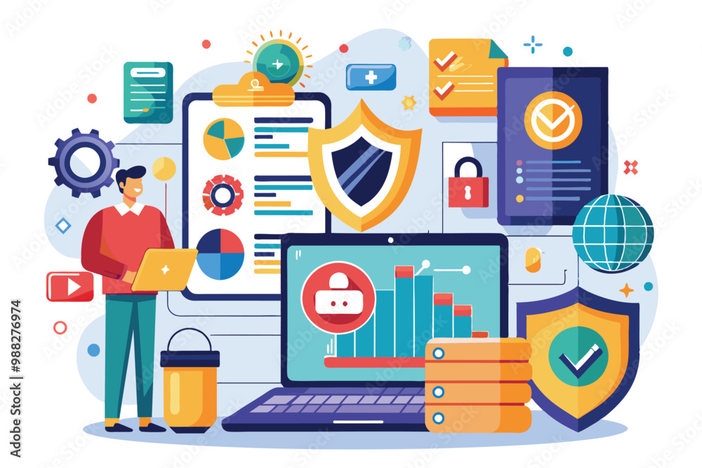 Poster a professional analyzes data entry security trends using charts and a laptop while surrounded by vis