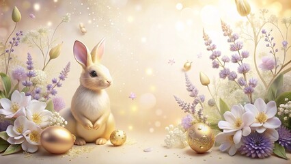 Cute Easter Bunny with Golden Eggs and Flowers