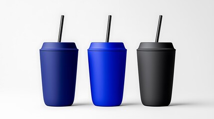 Three blank takeaway cups, each with a straw, stand ready for a refreshing drink.