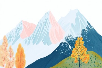 Illustration of majestic mountains in autumn adorned with beautiful snow caps