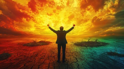 Fototapeta premium A silhouette of a person standing with raised arms against a vibrant, colorful sunset sky, symbolizing hope and triumph.