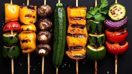 Grilled vegetable skewers, vibrant with yellow bell pepper, zucchini, mushrooms, and red pepper, offer a colorful bite.