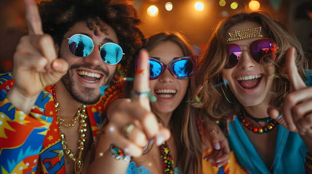 Happy friends point fingers at camera inviting you to join 70s style fancy dress fun groovy disco party. Funny photobooth group portrait of excited young people at New Year Eve - Powered by Adobe