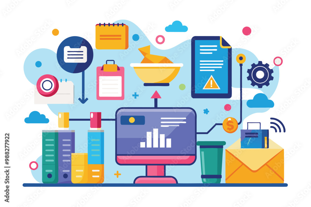 Poster a vibrant illustration showcasing a modern workspace with tools and devices designed for efficient d