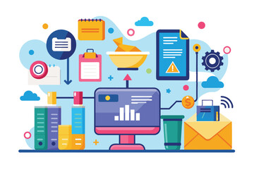A vibrant illustration showcasing a modern workspace with tools and devices designed for efficient data extraction and information management.