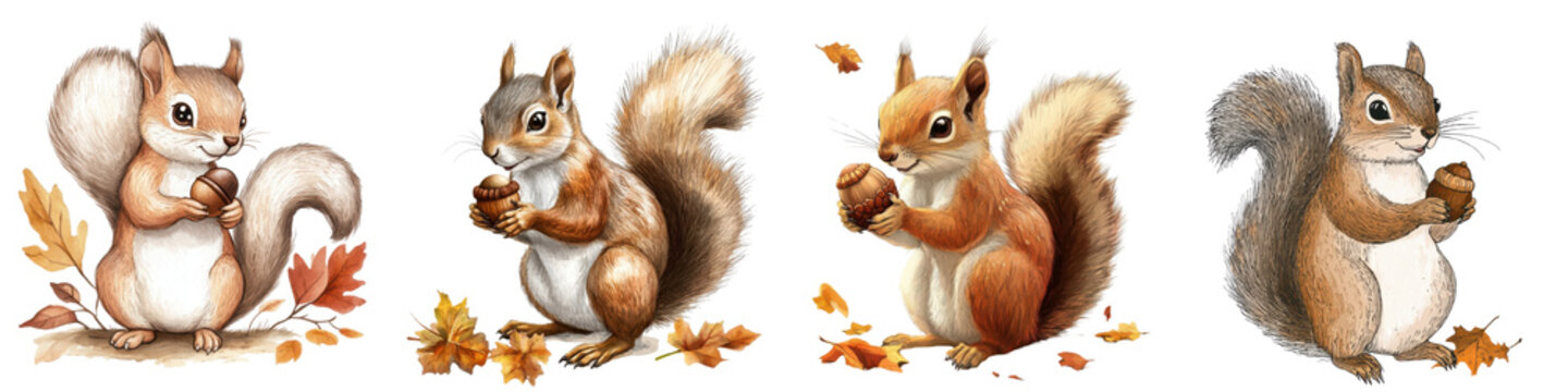 Adorable and energetic squirrels scurrying and foraging for acorns and autumn leaves in a beautiful woodland forest setting