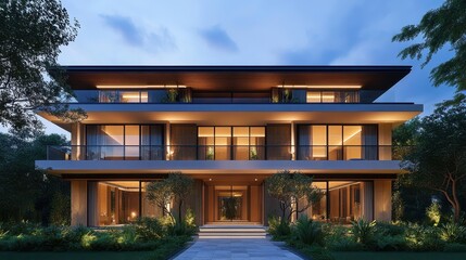 Fototapeta premium Serene Twilight Elegance: Modern Asian Villa Facade with Glowing Lights and Open Balconies