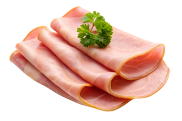 Folded slices of ham arranged in layers with a parsley garnish, showcasing the tender texture and light pink color of the meat, on a transparent background