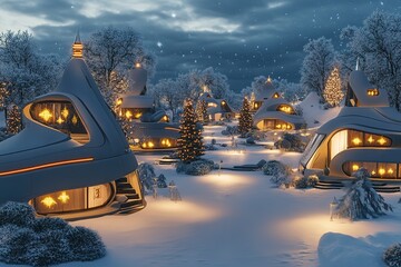 Snowy futuristic village with glowing windows at night