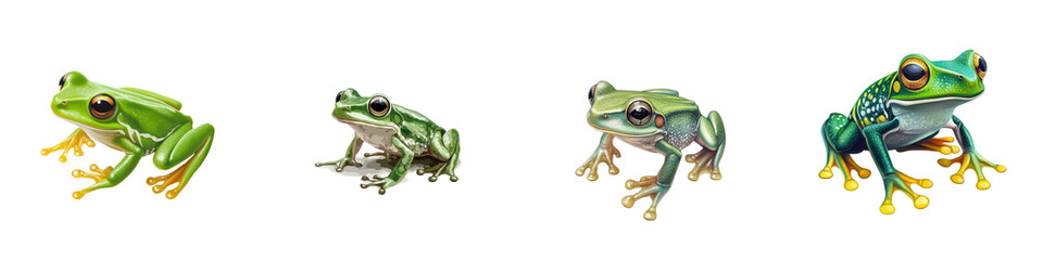 Collection of Different Bright and Vibrant Tree Frog Species Sitting on Foliage in Tropical Rainforest Habitat  Diverse Amphibian Creatures from Lush Green Natural Environment