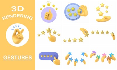 Fototapeta premium 3d rendering gestures Collection,Cartoon Gesture Icon Mockup.Star rating. Businessman holding a gold star in hand,to give five. Feedback concept. Evaluation system. Positive review. Quality work. 