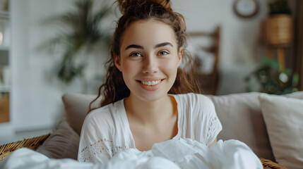 Happy housewife doing laundry. Beautiful, smiling, young woman sitting on sofa with laundry basket full of washed clothes and looking at clean, white shirt with no stains