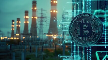 A captivating image showcasing a cryptocurrency symbol over an industrial power plant, representing the fusion of energy and finance.