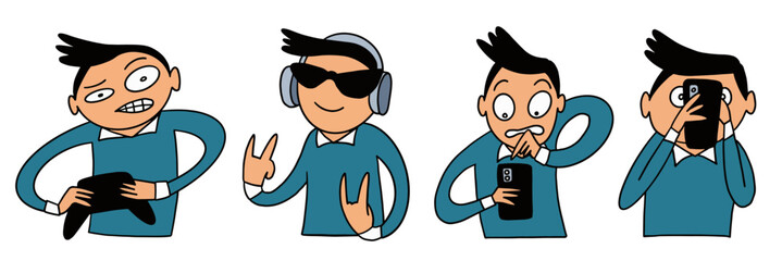 A cartoon character showing various emotions: anger, surprise, and happiness while holding popcorn and utensils