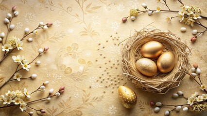 Golden Easter Eggs in Nest with Spring Flowers and Vintage Background