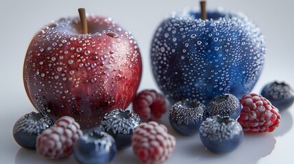 Vibrant fresh fruits with water droplets on a white table showcasing colorful textures and freshness