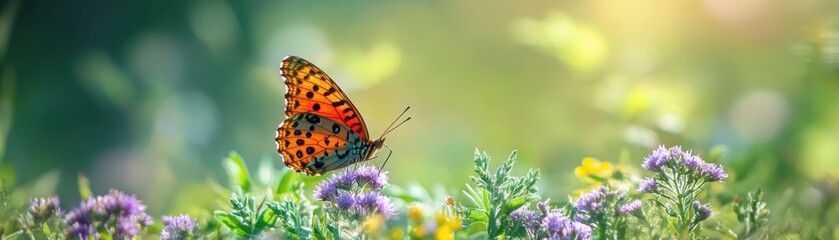 Fototapeta premium A butterfly is flying in a field of flowers