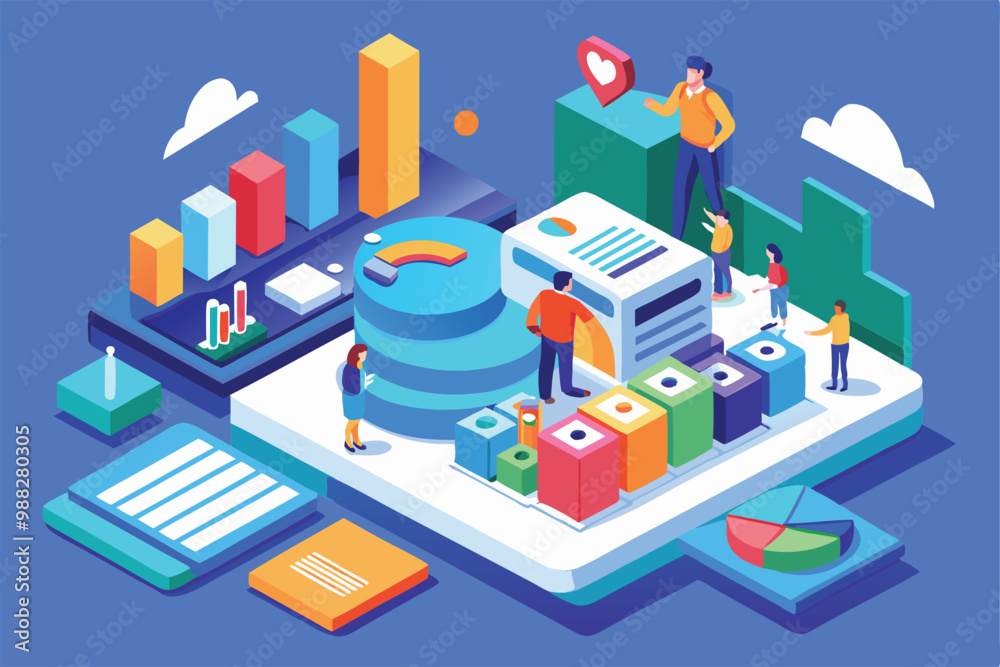 Poster a vibrant isometric illustration showcases a customizable data report with engaged users analyzing c