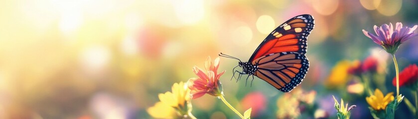 Fototapeta premium A butterfly is flying over a field of flowers