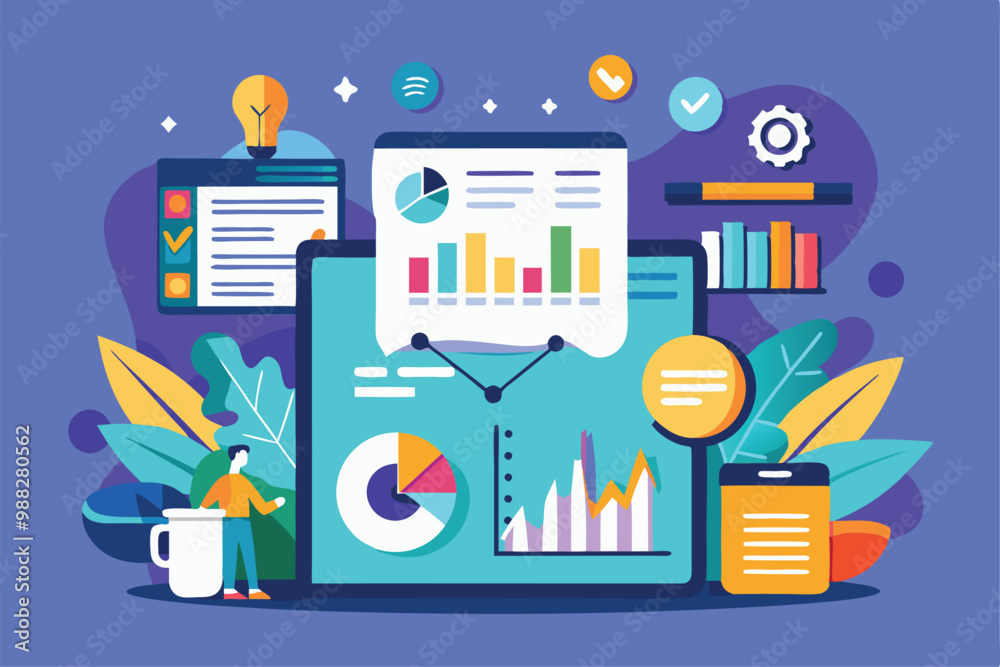 Poster a detailed data report showcases colorful graphs and charts within a modern workspace, emphasizing c