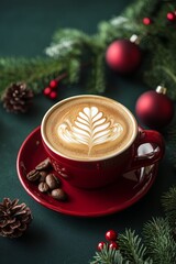 Christmas cup of coffee with latte art on a festive set table, maximalist, flat lay, luxury, red, green, gold colors