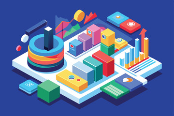 A vibrant isometric illustration displays various data trends and analytics tools arranged in a modern workspace, emphasizing customization and visualization.