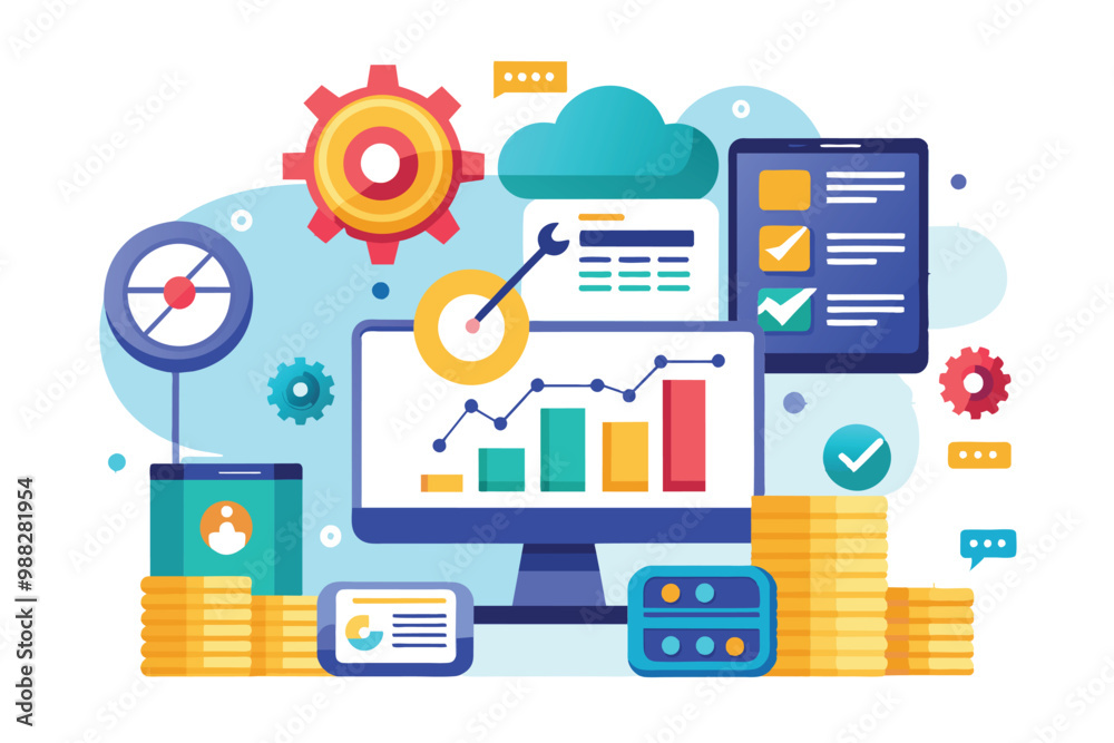 Poster a computer displays graphical data analysis tools and statistical reports, showcasing automation and