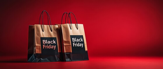 Two brown paper shopping bags emblazoned with Black Friday are prominently displayed against a bright red background, symbolizing holiday retail excitement and special deals
