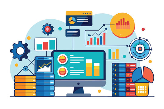 A modern office workspace features a computer displaying database analysis, statistical reports, and visual data representations on screens.