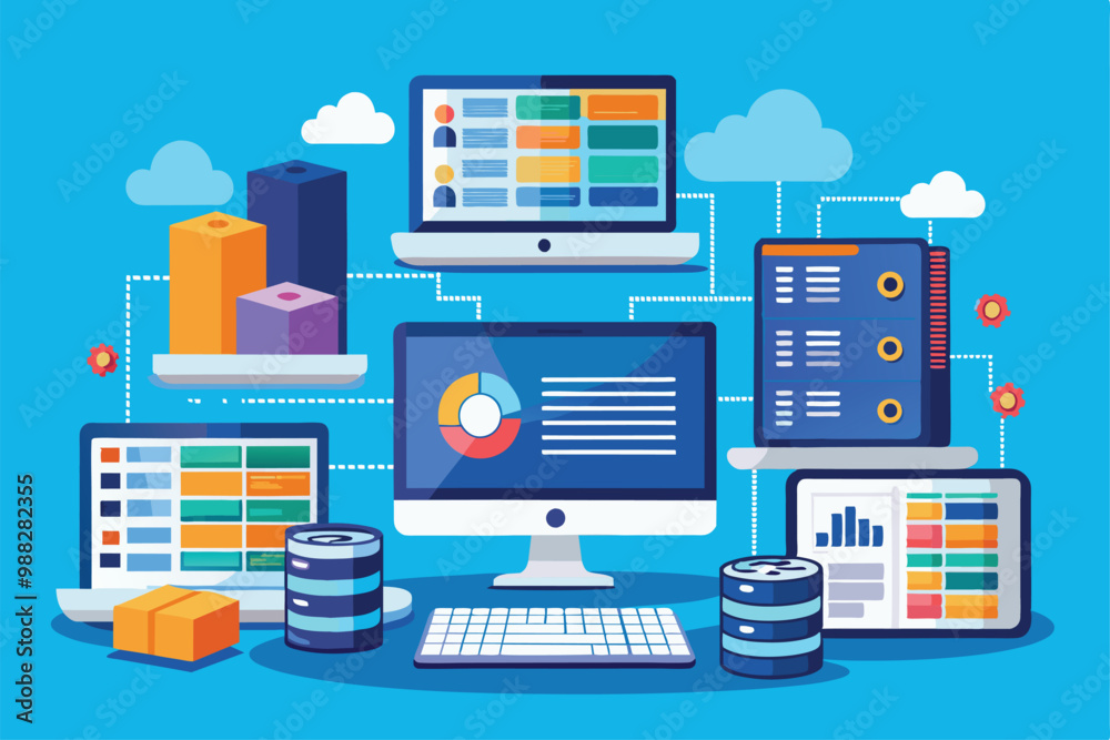 Poster laptops are used for database management tasks, showcasing data visualizations and storage solutions
