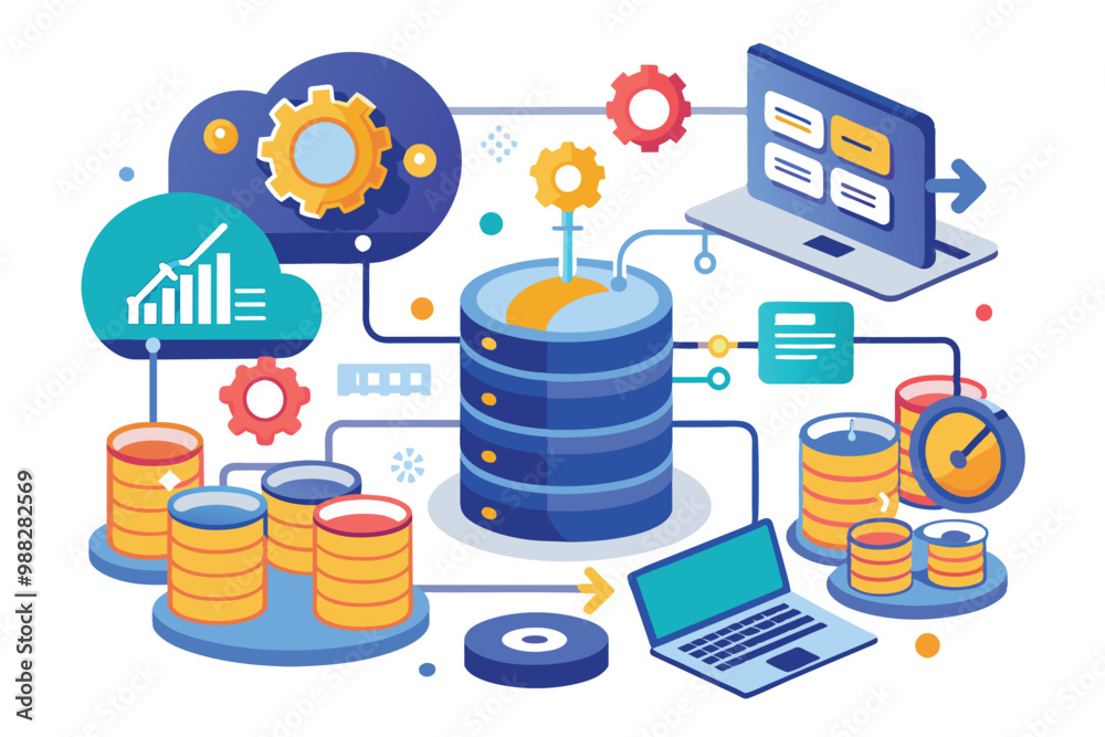 Poster a vibrant illustration shows database synchronization and backup, featuring charts, gears, and devic