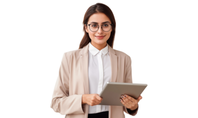 Portrait of a smiling young businesswoman holding a laptop and wearing a glasses, isolated on transparent background
