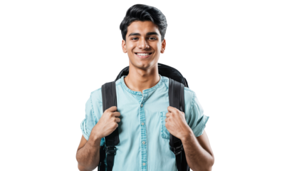 Portrait of a smiling young college student with a backpack, isolated on transparent background