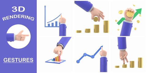 Fototapeta premium 3d rendering gestures Collection,Cartoon Gesture Icon Mockup.Male hand stacks up golden coins. Concept of personal investments and savings.3D rendering on white background. 