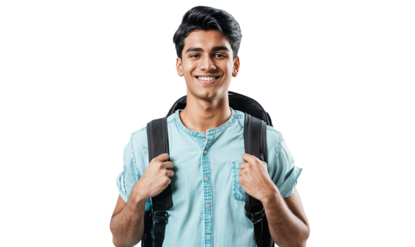 Portrait of a smiling young college student with a backpack, isolated on transparent background
