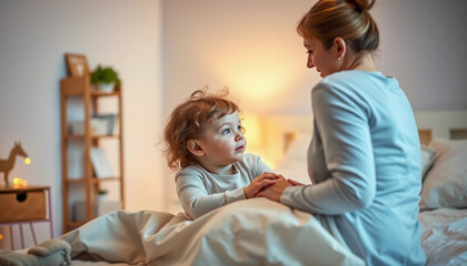 Mother putting to bed her young toddler kid , caucasian female with a child in bedroom for bedtime routine ritual