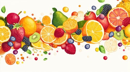 Fresh Fruit Assortment Web Banner Design in Flat Vector Style on White Background for Promotional Text.