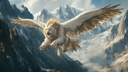 A fierce gryphon with the body of a lion and the wings of an eagle soaring through the mountains