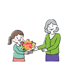 敬老の日のプレゼントを渡す子どもとおばあちゃん 4C_2