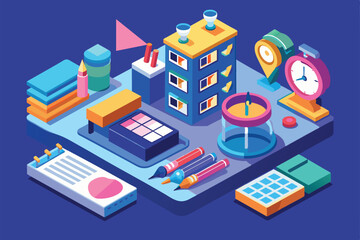 Obraz premium A vibrant workspace filled with design tools, a clock for scheduling, and colorful office supplies, emphasizing creativity and organization.