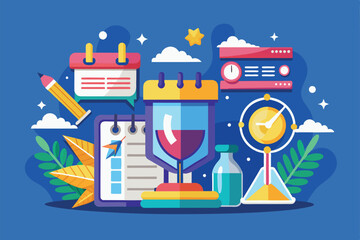 A vibrant illustration showcases various tools for deadline management, including a calendar, hourglass, and notebook, set against a cheerful background.