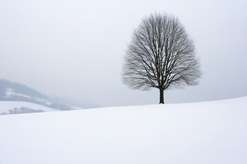Solitary tree in snow-covered landscape under overcast sky