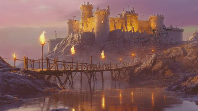 a medieval castle on a hill with a bridge and torches.